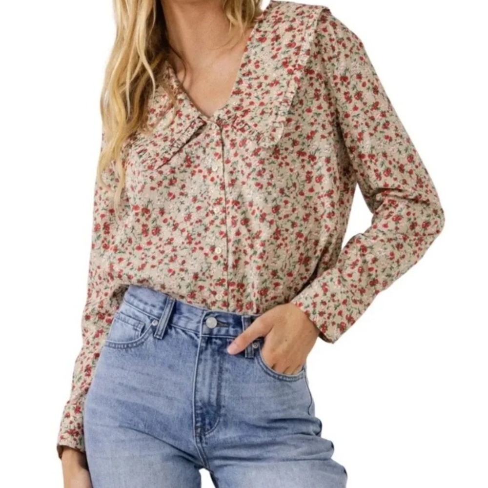English Factory Peter Pan Collar Blouse Tan Floral Ruffle Prairie Cottagecore 2X